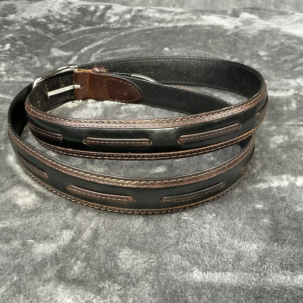 Men's Brown & Black Italian Leather Belt Silver Buckle (Brass) Western Look